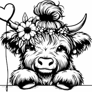 4 Blumenkrone Kuh SVG Schnittdatei - Highland Kuh mit Herzballon JPG - Bauernhof Tier Wandkunst für Kinderzimmer, Valentinstag Basteln, Kinderdekor