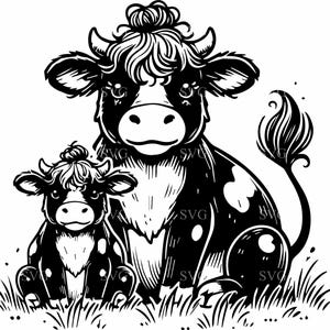 Mignon vache et veau SVG 4 coupe fichier - silhouette lunatique d'animaux de la ferme - adorable dessin au trait pour travaux manuels