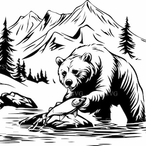 Arquivo de corte SVG 8 de pesca de urso, urso pardo pegando salmão em riacho de montanha, arte vetorial, clipart de silhueta de vida selvagem
