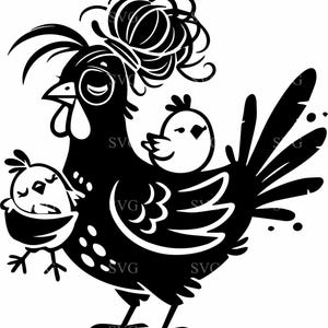 Chicken Family SVG 4 gesneden bestand - stijlvolle kip met chique kapsel en babykuikens - schattig ontwerp boerderijdieren