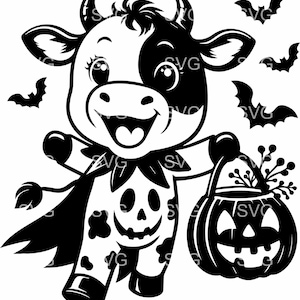 5 file di taglio SVG di mucca carina per Halloween / Mucca in costume da fantasma di zucca con mantello / Clipart di animali spettrali per Cricut e Silhouette