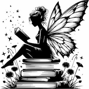 May include: A black and white illustration of a fairy reading a book. The fairy is seated on a stack of books, with detailed butterfly wings and surrounded by stars and flowers. The image has a whimsical, fantasy theme.