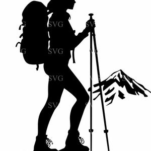 8 donne in escursionismo SVG 8 file di taglio, silhouette zaino in spalla PNG, clipart avventura all'aria aperta, trekking in montagna Cricut vettoriale digitale