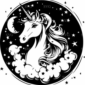 Fichier coupé SVG 4 licorne - licorne mystique avec la lune et la silhouette d'étoiles - conception magique de fantaisie