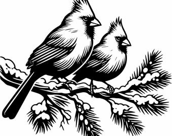 7 Cardinals Pine Branch SVG – Winter Bird Silhouette Cut File (Digital Download)