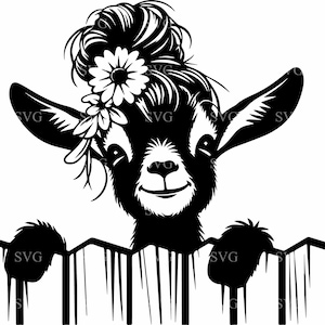 Pode incluir: Uma ilustração em preto e branco de uma cabra espiando por cima de uma cerca de madeira. A cabra tem uma coroa de flores e um coque no cabelo.