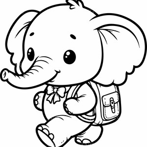 May include: A black and white line drawing of a cartoon elephant wearing a backpack and a bow. The elephant is walking and has a happy expression on its face.