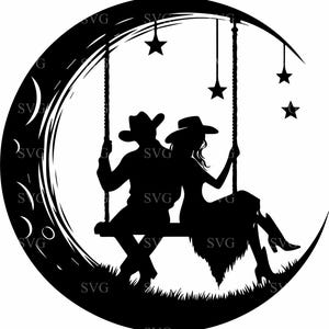 8 Cowboy und Cowgirl auf Mond Schaukel SVG 8 Cut-Datei Romantische Western Silhouette Clipart für Cricut Crafts