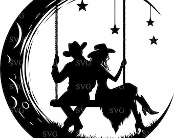 8 Cowboy und Cowgirl auf Mond Schaukel SVG 8 Cut-Datei Romantische Western Silhouette Clipart für Cricut Crafts