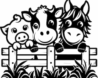 6 Farm Animal SVG, 6 Cow Pig Horse Cut File, Cute Farm Fence SVG, Farm Animals Clipart, Barnyard Animal SVG