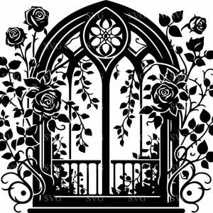 7 Gothic Window SVG 7 Plik do cięcia, Rose Ivy Arch Silhouette PNG, Elegancka ramka Vintage Clipart, Cricut Vector Digital