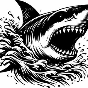 May include: A black and white illustration of a shark breaching the water's surface. The shark's mouth is open, revealing sharp teeth. Water splashes around the shark, creating a dynamic and powerful image. The image has a bold, graphic style.