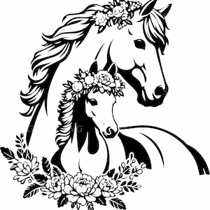 Floral paard gesneden SVG-bestand - 4 prachtige moeder en veulen met bloemkronen - elegante paard clipart-ontwerp