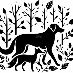 4 chien et renard SVG coupe fichier, 4 silhouette aventure en forêt, faune des bois animaux des cliparts pour Cricut et découpe laser