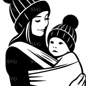 Madre e bambino inverno SVG, 6 mamma che tiene in braccio il neonato con i berretti, accogliente silhouette di famiglia, download digitale