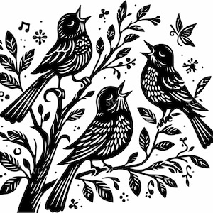 8 pájaros cantores SVG - Archivo de corte de 8 agapornis en una rama - Clipart musical para manualidades de Cricut, decoración de primavera y proyectos de bricolaje de naturaleza