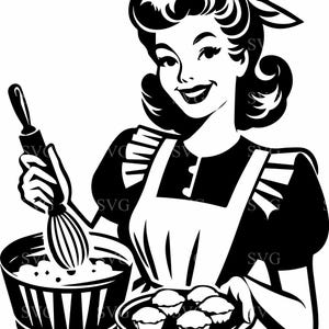 May include: A black and white illustration of a woman wearing an apron and holding a bowl of batter and a plate of cupcakes. She is smiling and holding a whisk in her right hand.