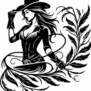 以下が含まれることがあります： カウボーイハットと衣装を着た女性が鞭を持っている白黒イラスト。このアートワークは、流れるような髪と装飾的な花の要素を特徴とし、様式化された芸術的なデザインを作り出しています。