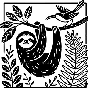 May include: Black and white illustration of a sloth hanging from a branch with a hummingbird perched on the branch. The sloth is smiling and has a long tail. The hummingbird is facing the left and has a long beak. The background is a simple white square.