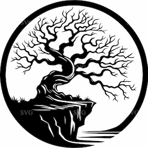 May include: A black and white graphic of a tree on a cliff, enclosed in a circle. The tree has a twisted trunk and many branches. The cliff has a jagged edge, and the background is white.