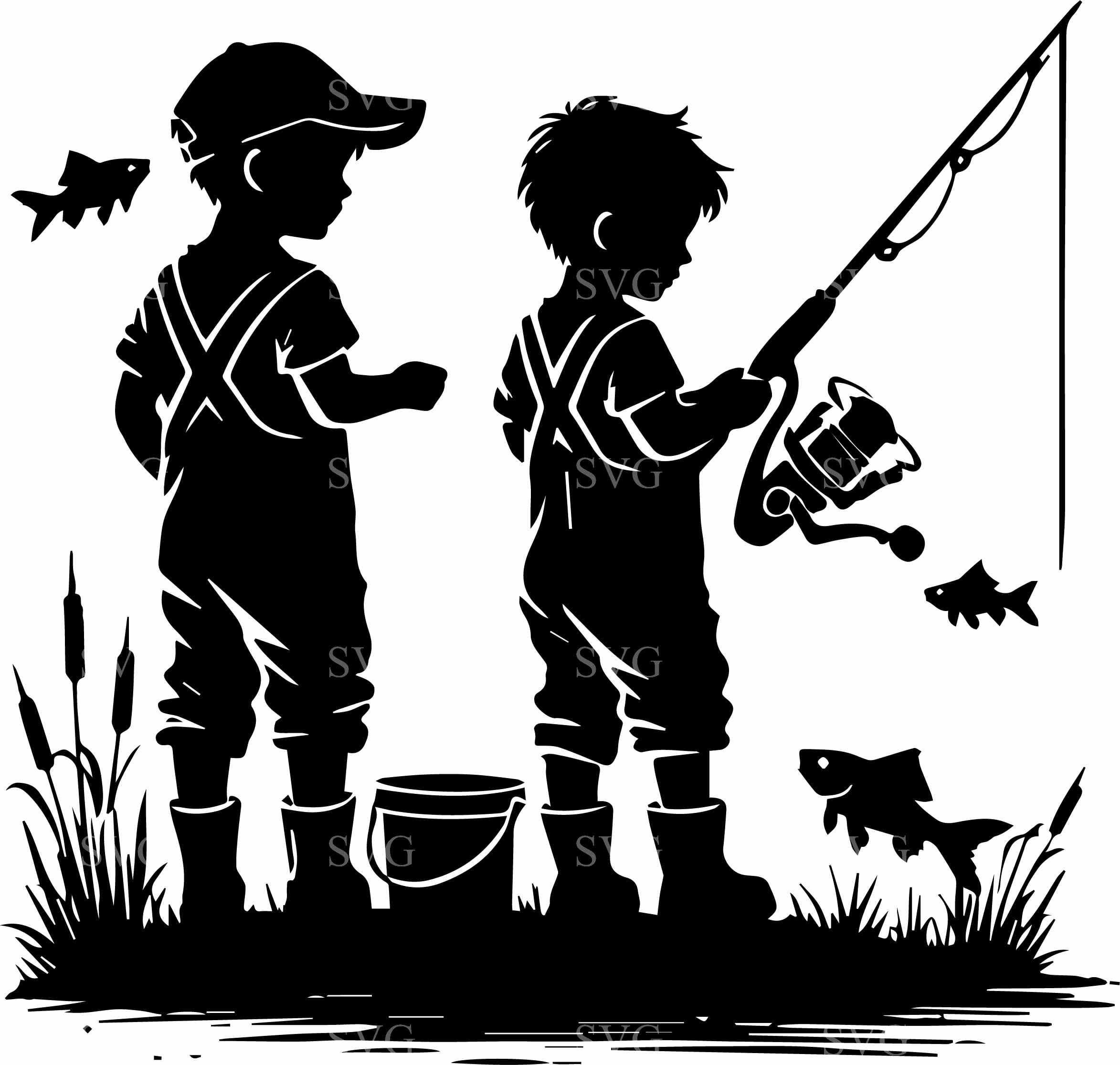 8 Fishing Kids SVG Cut File – Two Boys Lake With Rod, Bucket, and Fish ...