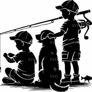 Könnte beinhalten: Schwarz-weiß-Silhouettenillustration von zwei Kindern, die mit einem Hund angeln. Ein Kind hält eine Angelrute und das andere eine Angelrolle. Der Hund sitzt neben den Kindern.