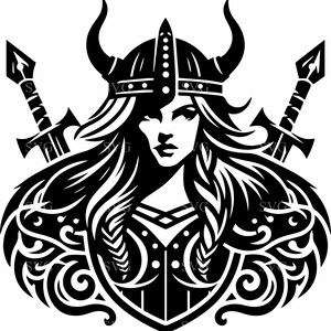 May include: Black and white illustration of a female warrior wearing a horned helmet and holding two swords. She is wearing armour and has long flowing hair. The image is stylised and has a decorative border.
