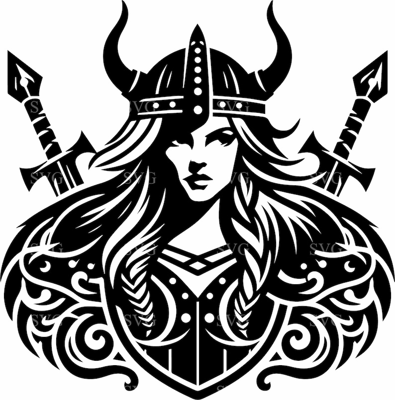 May include: Black and white illustration of a female warrior wearing a horned helmet and holding two swords. She is wearing armour and has long flowing hair. The image is stylised and has a decorative border.