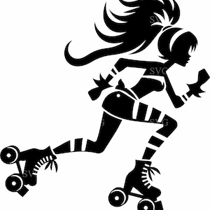 May include: Black and white silhouette of a person roller skating. The person is wearing a two-piece outfit and striped leg warmers. The hair is long and flowing. The image is a vector graphic.