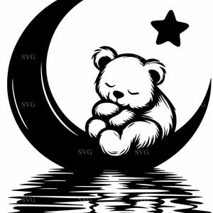 May include: A black and white illustration of a sleeping bear sitting on a crescent moon with a star above it. The moon is reflected in the water below.