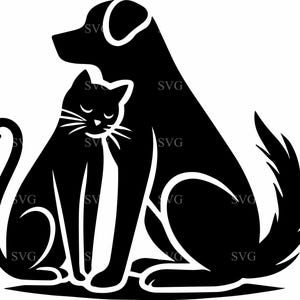 Katze und Hund SVG-Datei - 4 Elegante Haustier Freundschaft Silhouette Clipart - liebevolle Katzen und Hunde Digital Cut File