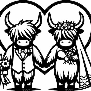 Arquivo de corte SVG de casamento de vaca das Terras Altas - 4 adoráveis vacas de noivos com guirlanda de coração floral para Cricut, decoração de silhueta