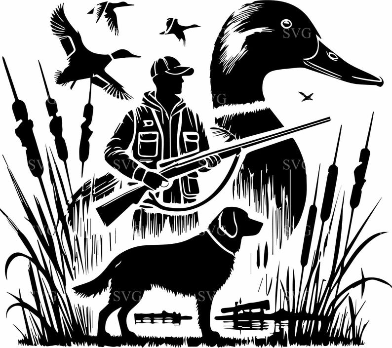 6 Enten-Jagdszene SVG 6 Schnittdatei - Jäger, Hund und Wildtier