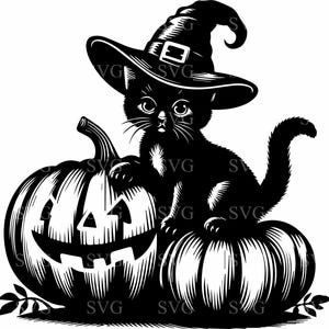 May include: Black cat wearing a witch hat, sitting on a pumpkin with a carved face. The cat has large eyes and whiskers. The pumpkin is round with a stem and leaves. Halloween-themed design.