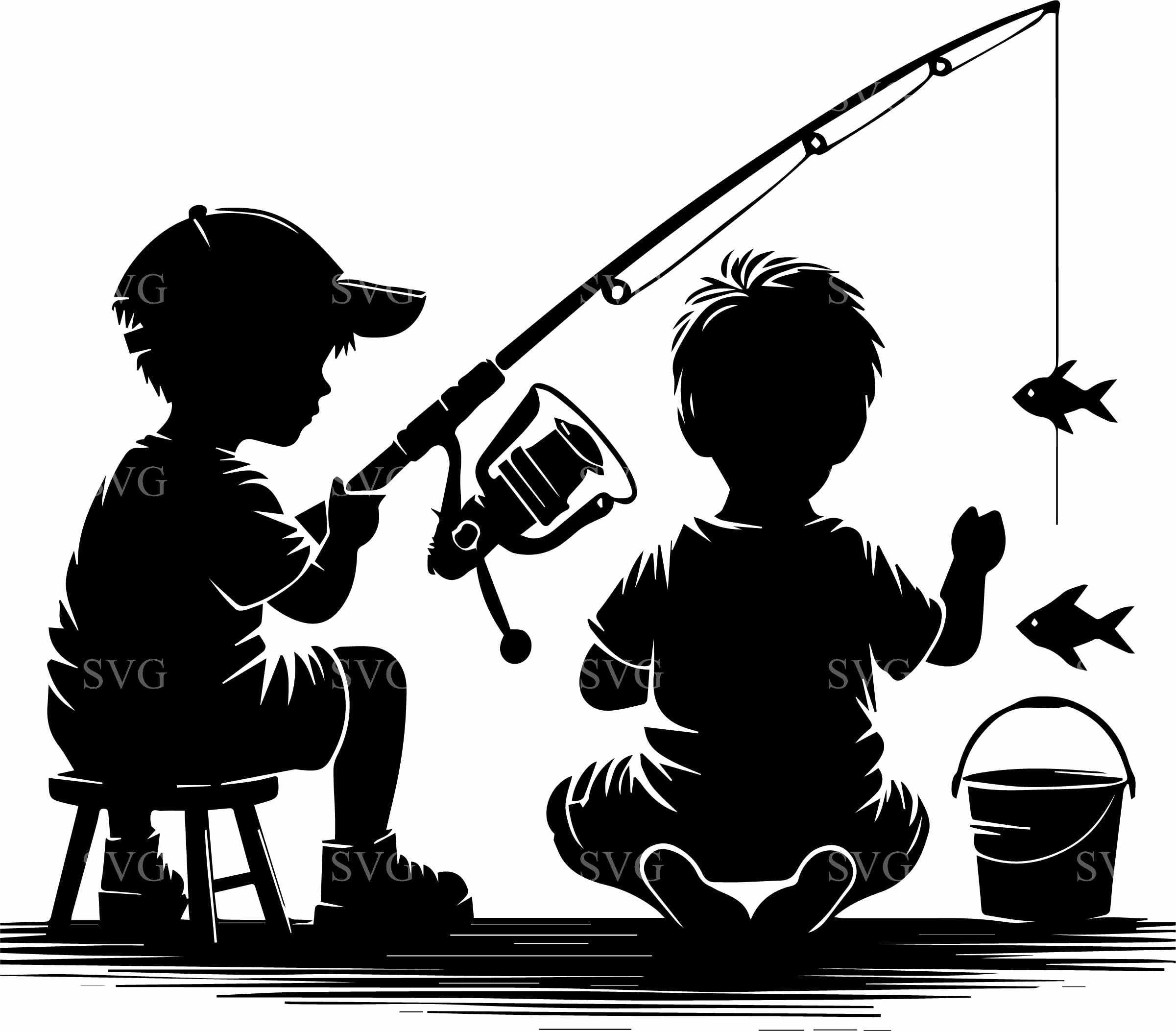 8 Fishing Kids SVG Cut File – Two Boys Lake With Rod, Bucket, and Fish ...