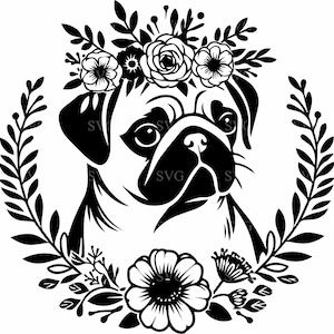 5 SVG de Pug Floral, 5 Perros Lindos con Corona de Flores, Archivo de Corte de Silueta de Corona de Cachorro para Cricut y Corte Láser