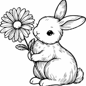 Coniglietto carino con fiore SVG 5 file di taglio / Adorabile coniglio clipart per Cricut / Coniglietto che tiene margherita Design SVG