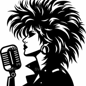 May include: Black and white graphic of a singer with large, spiky hair and a vintage microphone. The singer is wearing a jacket and large hoop earrings. The image is a silhouette style.
