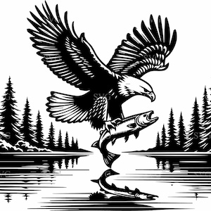 Peut inclure: Une illustration en noir et blanc d'un aigle avec ses serres enroulées autour d'un poisson. L'aigle vole au-dessus d'un lac avec une forêt en arrière-plan.
