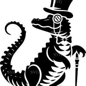 May include: A black silhouette of an alligator wearing a top hat, monocle, bow tie, and holding a cane. The alligator is standing on its hind legs and has a long tail.