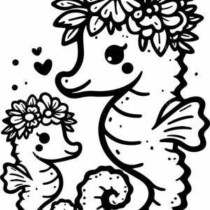 Niedliche Seepferdchen und Baby SVG 4 Schnittdatei mit Blumenkronen | Entzückende Ozean Tier Clipart | Meerestiere SVG
