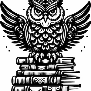 May include: A black and white illustration of an owl with outstretched wings perched atop a stack of books. The owl has detailed feather patterns and is facing forward. The books have decorative spines.