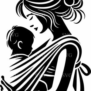 5 Mãe e bebê em envoltório transportador SVG, arquivo de corte de silhueta de mãe para carregar bebê, design de amor maternal