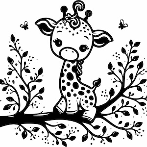 Mignon bébé girafe fichier coupe SVG 4 | Girafe sur une branche avec des papillons | Adorable animal SVG pour Cricut & Silhouette