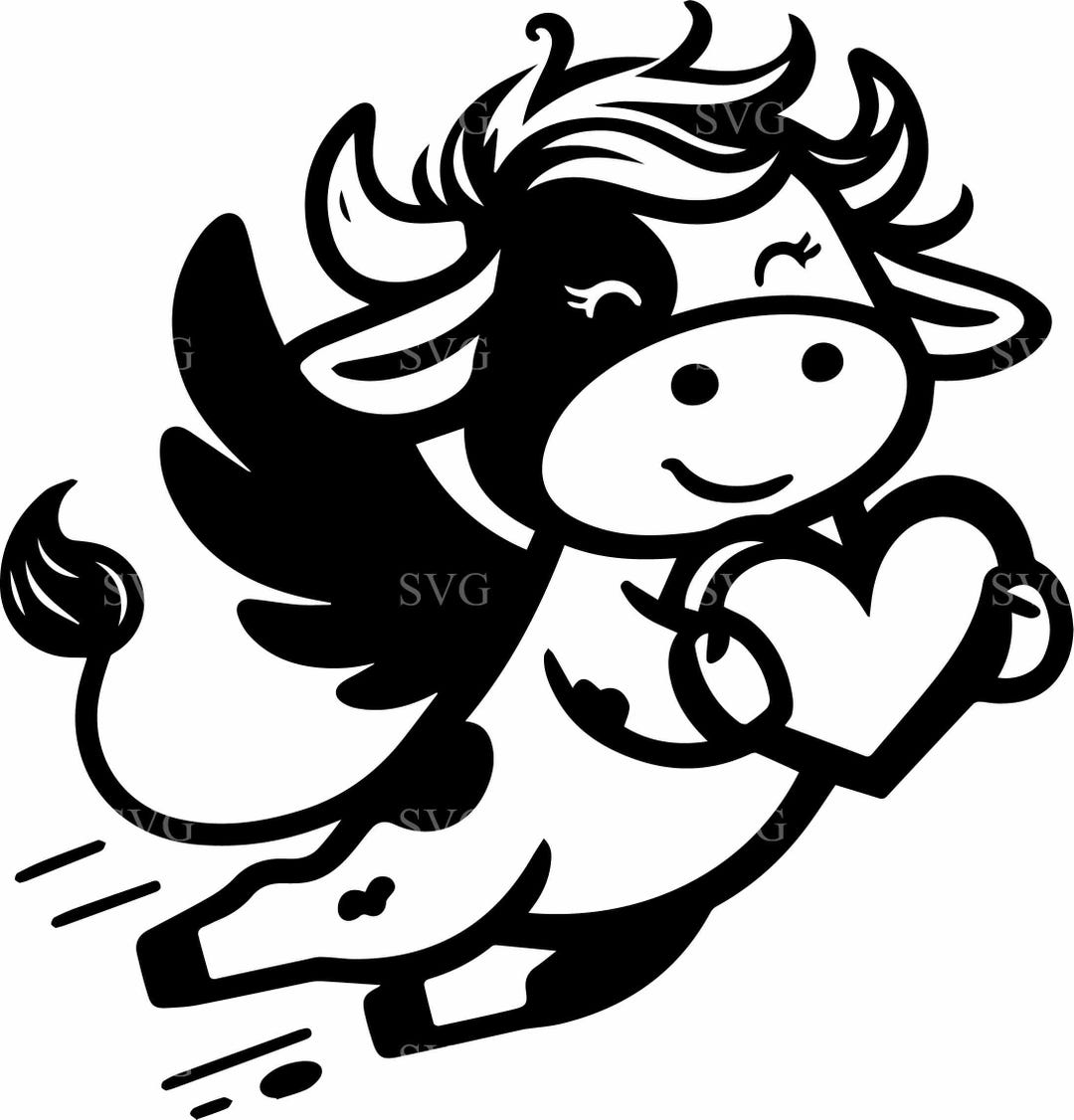 3 Winged Cow SVG Cut File Heart, Flying Pose, Sweet Expression Craft ...