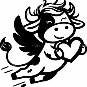 Może przedstawiać: Czarno-biała kreskówkowa krowa z anielskimi skrzydłami, trzymająca serce w kopytach. Krowa leci z rozpostartymi skrzydłami i ma szczęśliwy wyraz twarzy.