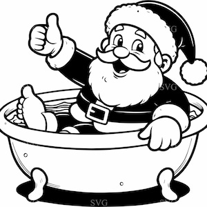 Peut inclure: Illustration en noir et blanc du Père Noël se relaxant dans une baignoire, faisant un geste de pouce levé. Le Père Noël porte son chapeau et son costume traditionnels, avec une grande barbe et une moustache blanches. La baignoire a des pieds décoratifs.