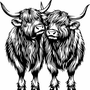 Fichier de coupe SVG 4 vaches Highland | Paire d'oeuvres d'art majestueuses silhouettes de bovins | Conception rustique d'animal de ferme
