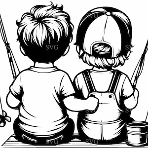 4 Meninos Pescando SVG 4 Arquivo de Corte | Design de Barco de Pesca para Crianças | Clipart de Pesca Bonito para Projetos de Artesanato de Silhueta Cricut
