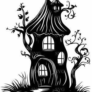May include: Black and white silhouette of a whimsical treehouse with a pointed roof, windows, and a door. The treehouse is surrounded by trees and a small pond.